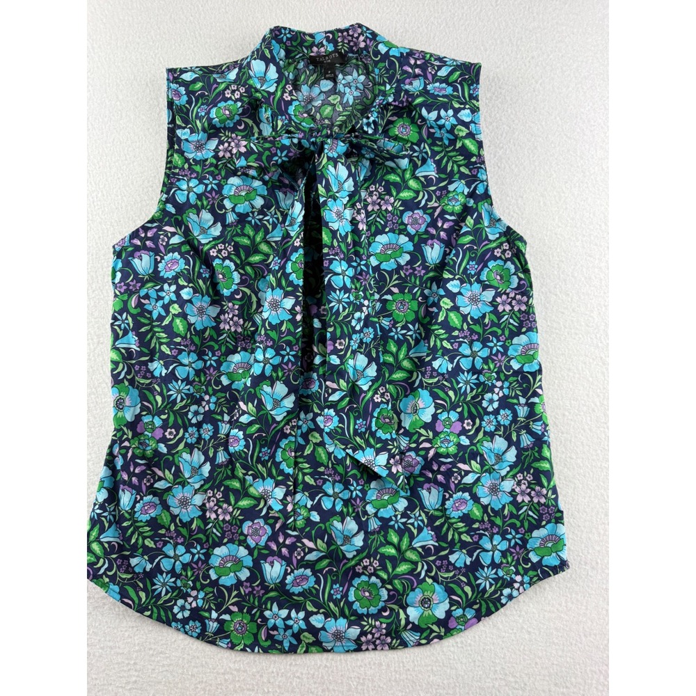 Talbots Petite Blue Floral Tie Neck Sleeveless Cotton Blouse Top Size P